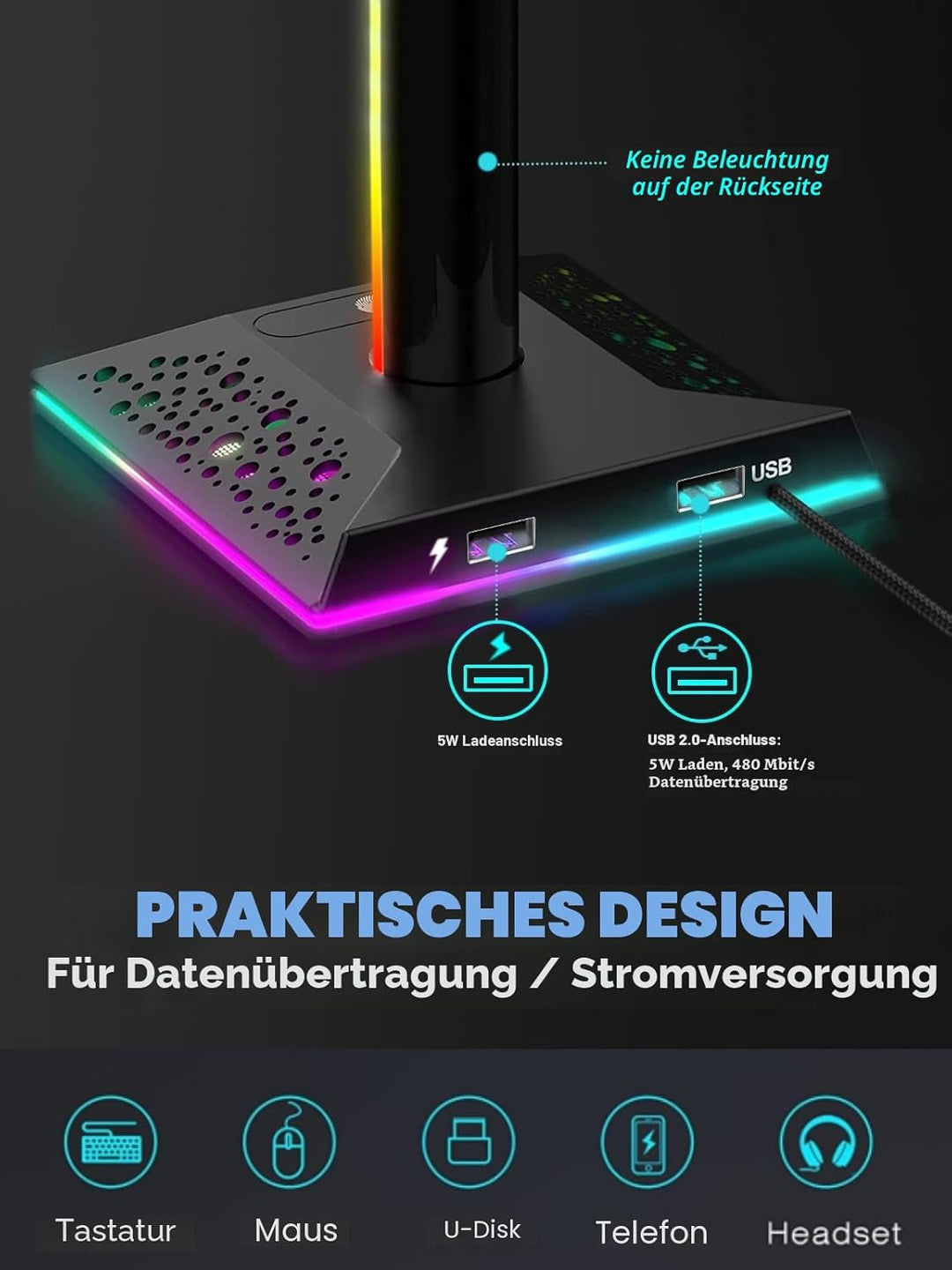 VCOM RGB Gaming Kopfhörer Ständer mit 10-Licht Modi, Controller Halter mit 2 USB Ports, PC Gaming Zu