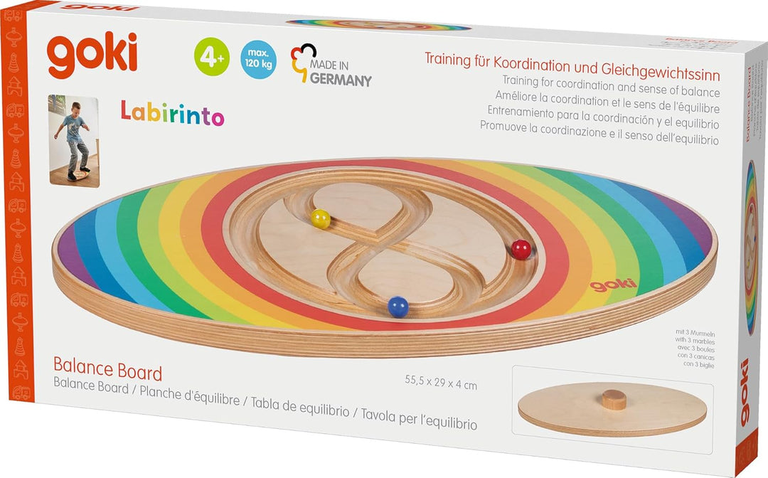 goki Evolution 59962 - Balance Board Labirinto aus Holz, 3 Bunte Mumeln zum ausbalancieren, fördert