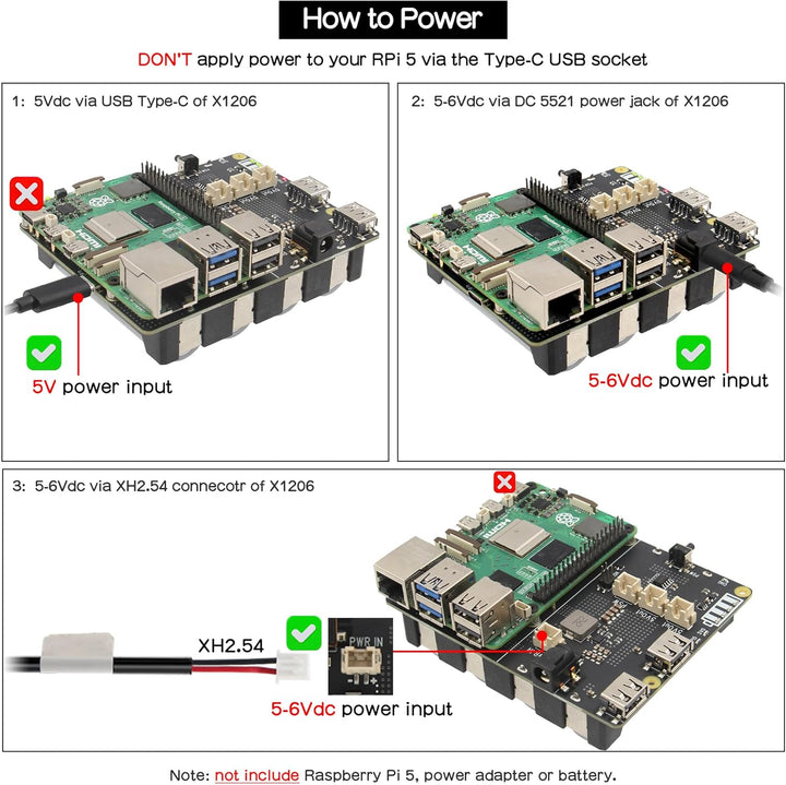 Geekworm X1206 4-Cell 5V UPS Shiled for Raspberry Pi 5, Max 5.1V 6A Output|Auto Power On|Safe Shutdo