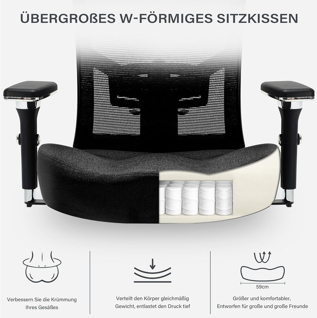 Blue Whale Bürostuhl 200kg,Grosser und hoher Bürostuhl Ergonomisch,Drehstuhl aus Mesh und Wippfunkti