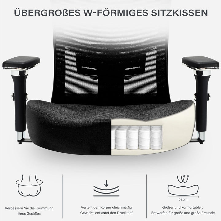 Blue Whale Bürostuhl 200kg,Grosser und hoher Bürostuhl Ergonomisch,Drehstuhl aus Mesh und Wippfunkti
