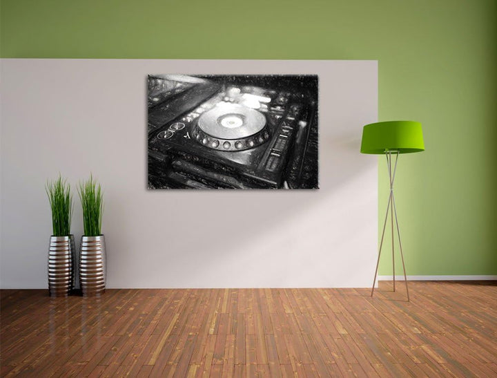 Pixxprint Grün beleuchteter DJ Pult / 100x70cm Leinwandbild bespannt auf Holzrahmen/Wandbild Kunstdr