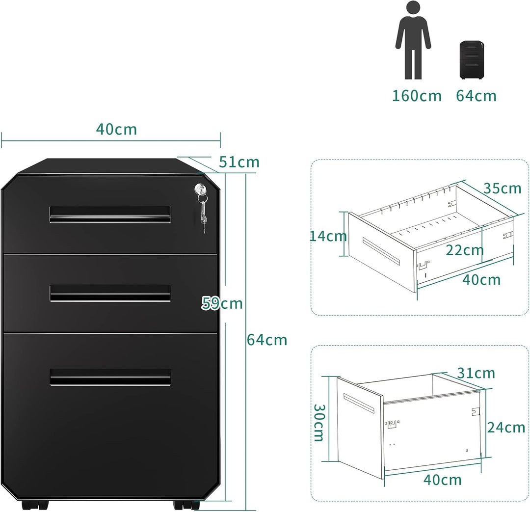 YITAHOME Metall Rollcontainer mit 3 Schubladen, Abschliessbar Aktenschrank für Legal, Letter, Mobile