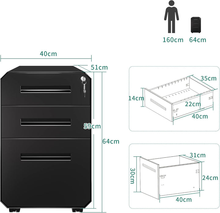 YITAHOME Metall Rollcontainer mit 3 Schubladen, Abschliessbar Aktenschrank für Legal, Letter, Mobile