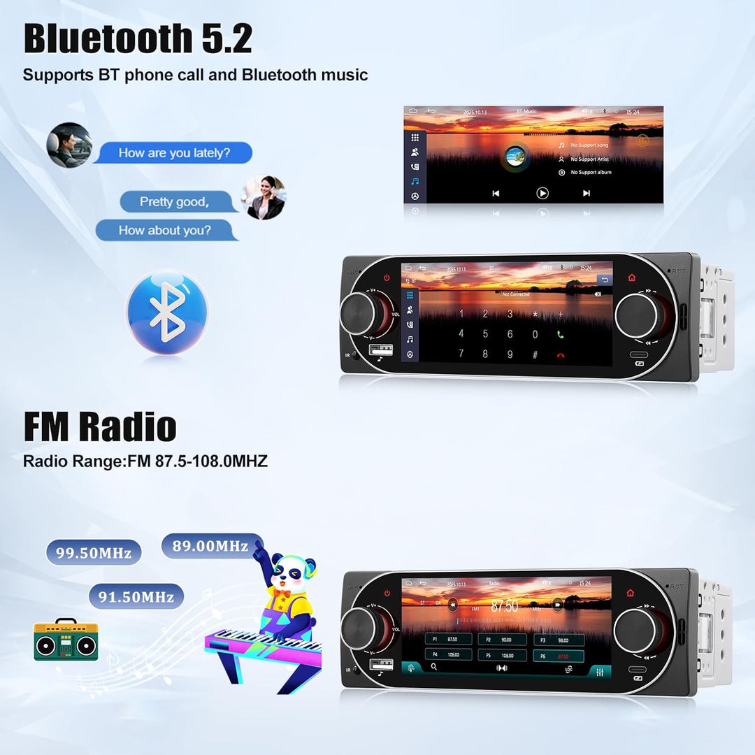 SIXWIN 1 Din Autoradio mit CarPlay Android Auto,5.1 Zoll HD IPS Touchscreen Bildschirm Bluetooth 5.2