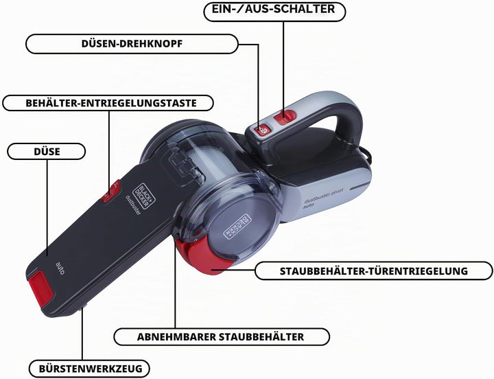 Black &amp; Decker PV1200AV-XJ Autosauger Dustbuster Pivot, Bürstenaufsatz, Fugendüse, flexiblem Saugsch