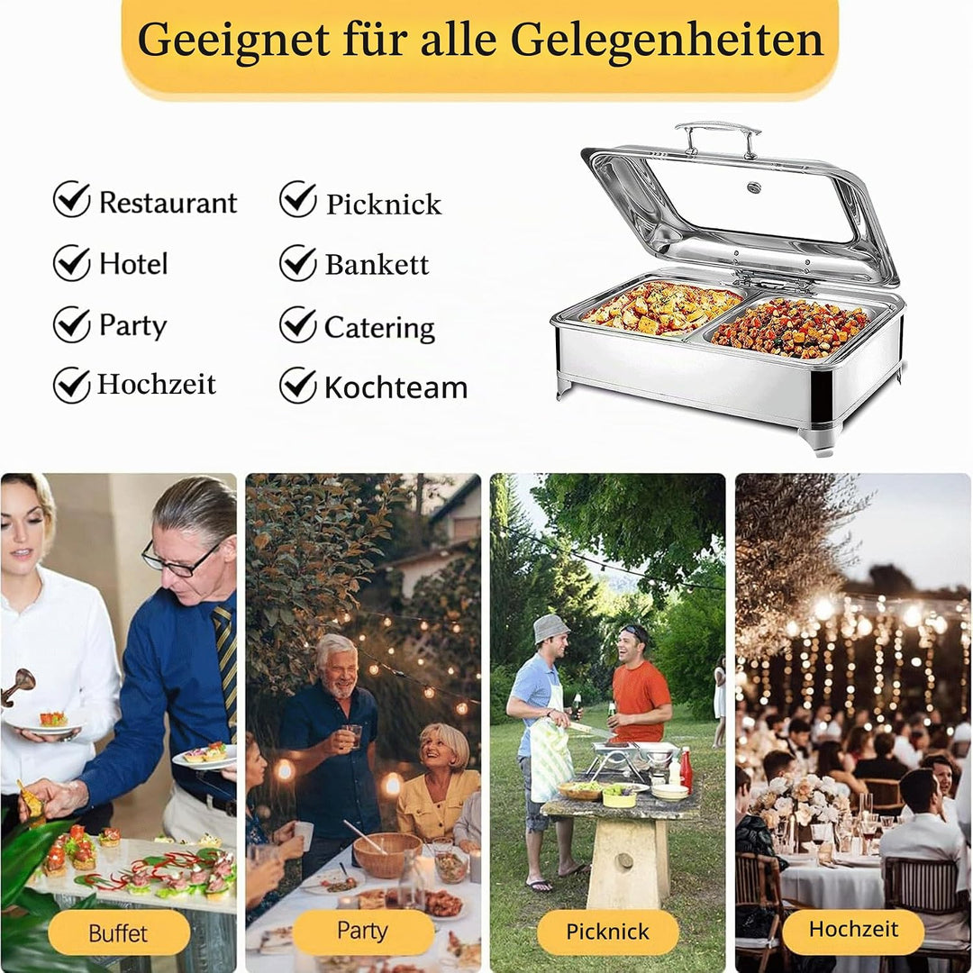 Chafing Dish Elektrisch, 9L Edelstahl Speisewärmer Buffetwärmer mit Sichtbarem Glasdeckel, Kommerzie