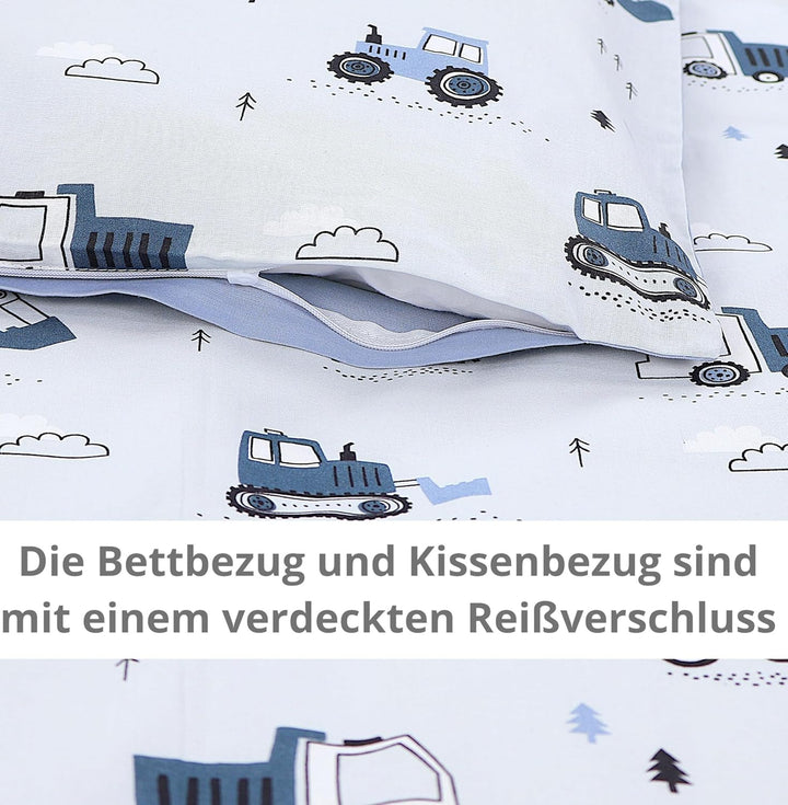 TupTam Kinder Bettwäsche Gemustert 2-Teilig Wendebettwäsche, Farbe: Baufahrzeuge/Bagger/Blau/Grau, G