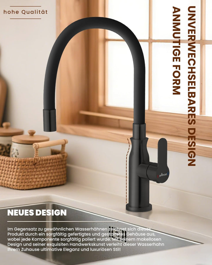 APPASO Flexibler Wasserhahn Küche Schwarz, Spültischarmatur 360° Schwenkbar, Küchenarmatur Schwarz M