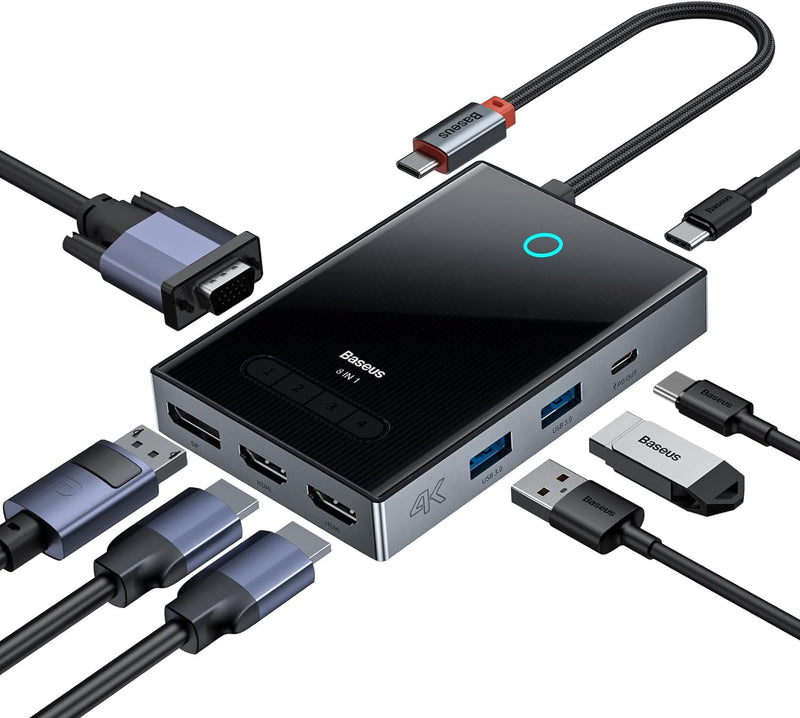 Baseus USB C Hub mit 4 Display, USB C Docking Station mit 2 HDMI 4K, 4K 120Hz DisplayPort, VGA, 100W