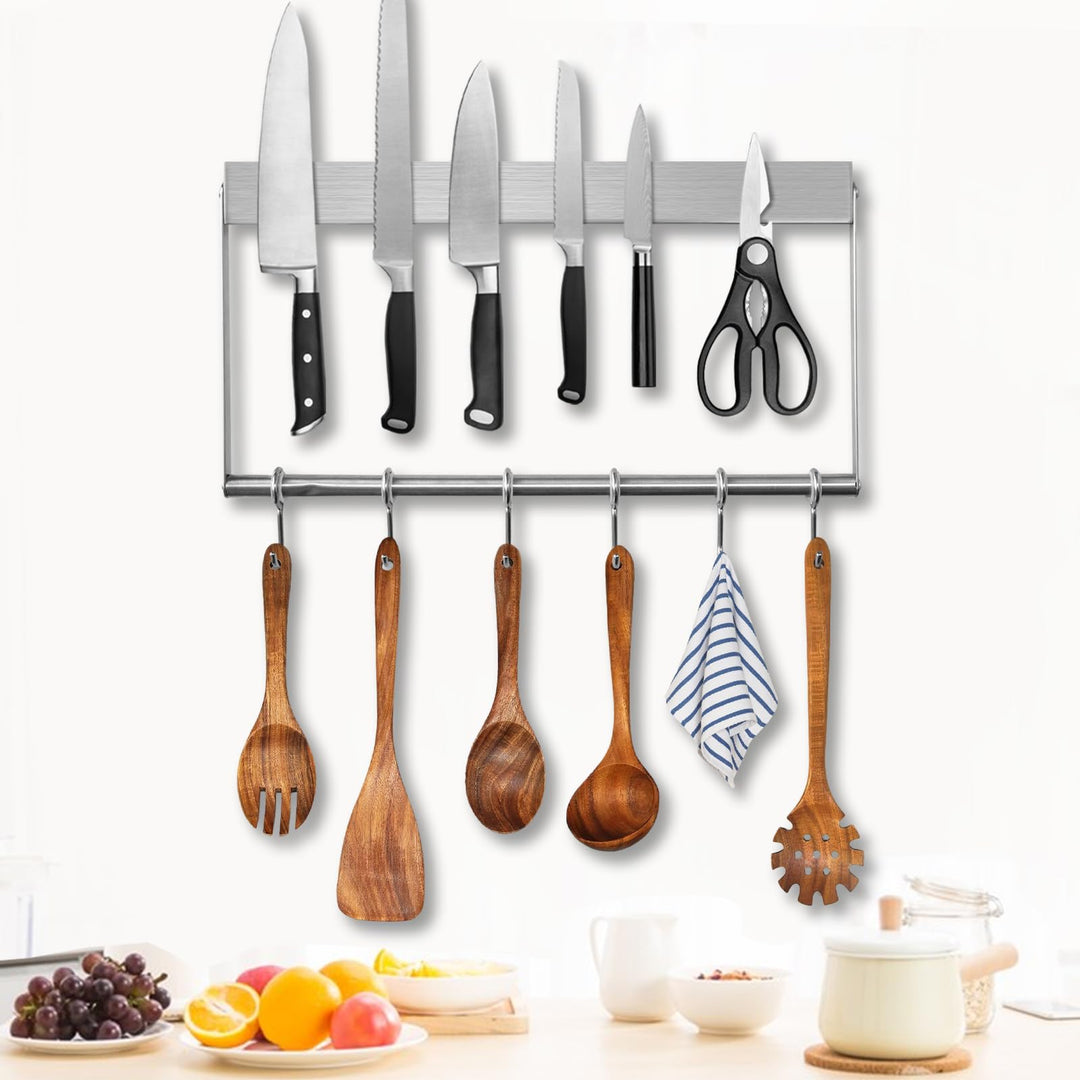 Magnetleiste Messer, 40 cm Messerhalter Magnetisch aus Edelstahl mit 6 Haken Einfache Montage Magnet