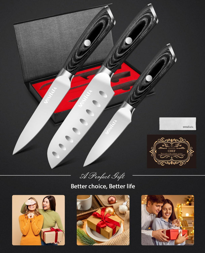 MOSFiATA Küchenmesser Set 3pcs-13 cm Allzweckmesser,13 cm Santoku Messer, 9 cm Schälmesser, Kochmess