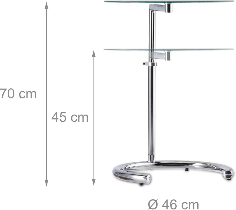 Relaxdays, Silber Kaffeetisch höhenverstellbar bis 70 cm, runder Wohnzimmertisch, verchromter Stahl,