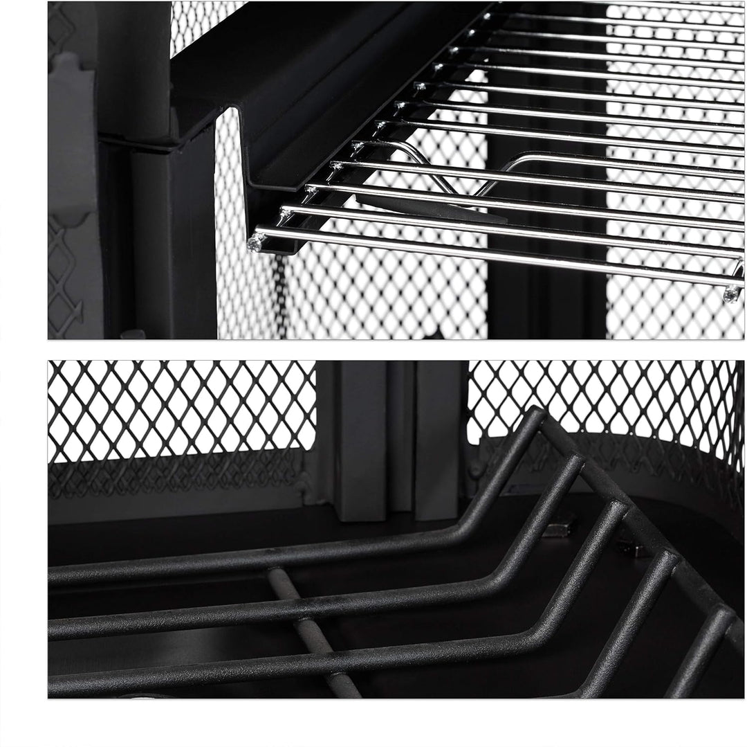 Relaxdays, schwarz Terrassenofen mit Grill, Feuerstelle mit Funkenschutz, Schürhaken, massiv, Stahl,