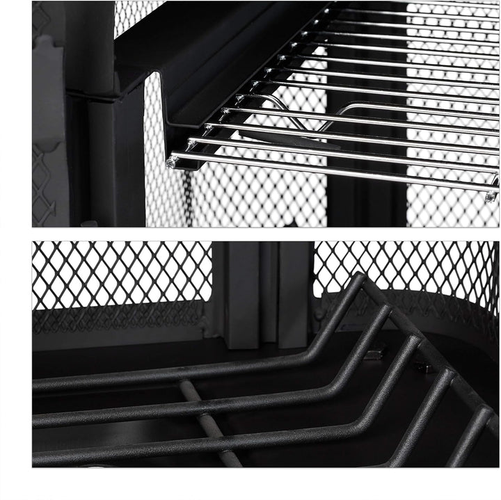 Relaxdays, schwarz Terrassenofen mit Grill, Feuerstelle mit Funkenschutz, Schürhaken, massiv, Stahl,