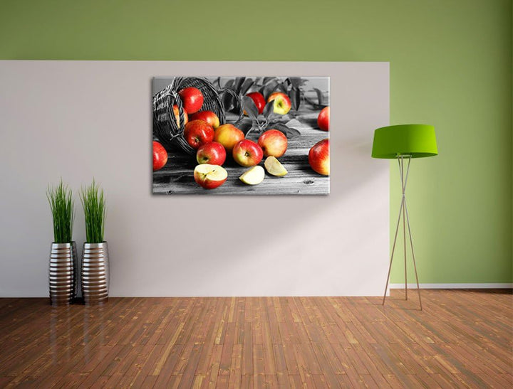 Umgefallener Apfelkorb mit roten Äpfeln schwarz/weiss Format: 100x70 auf Leinwand, XXL riesige Bilde