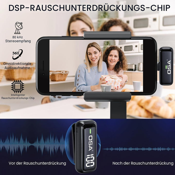 OSA Lavalier Mikrofon Kabellos, Wireless Mini Microphone Professionelles Dual Wireless Mikrofon Plug