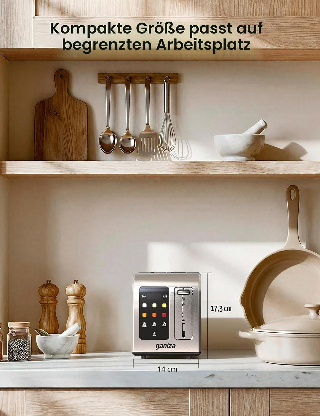 Ganiza Smart Toaster 2 Scheiben, Toaster Edelstahl mit Touchscreen, digitaler Timer, 6 Bräunungsstuf