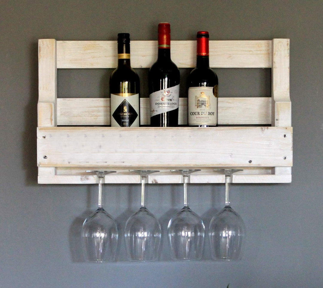 Dekorie Hochwertiges Weinregal aus Holz für die Wand - mit Gläserhalter - Weiss - fertig montiert -