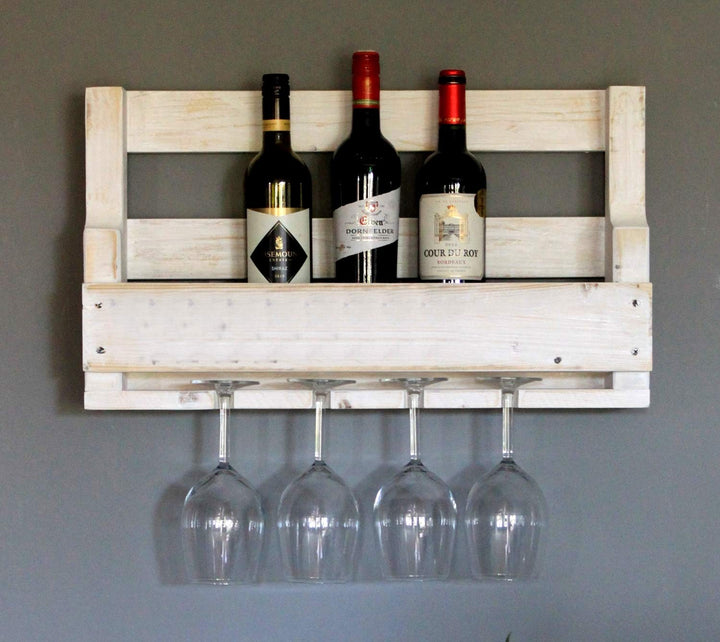 Dekorie Hochwertiges Weinregal aus Holz für die Wand - mit Gläserhalter - Weiss - fertig montiert -