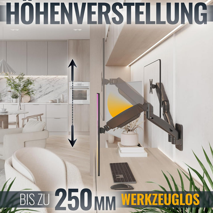 RICOO PC Monitor Wandhalterung 2 Monitore höhenverstellbar Gasfeder Schwenkbar Neigbar Bildschirm 17