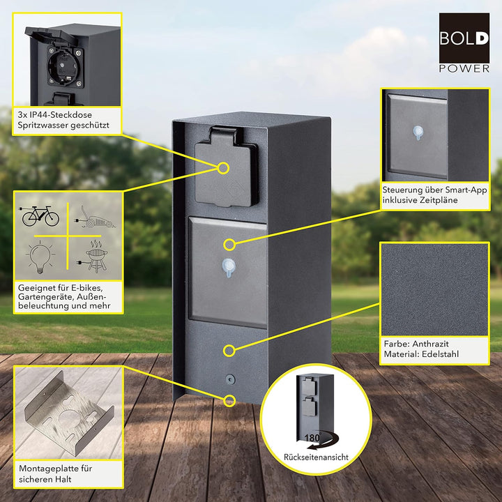 Bold Orio smarte Aussen-Steckdose-Garten (Steckdosen-Säule) 3-Fach Stecker Anthrazit (Smart Home | W