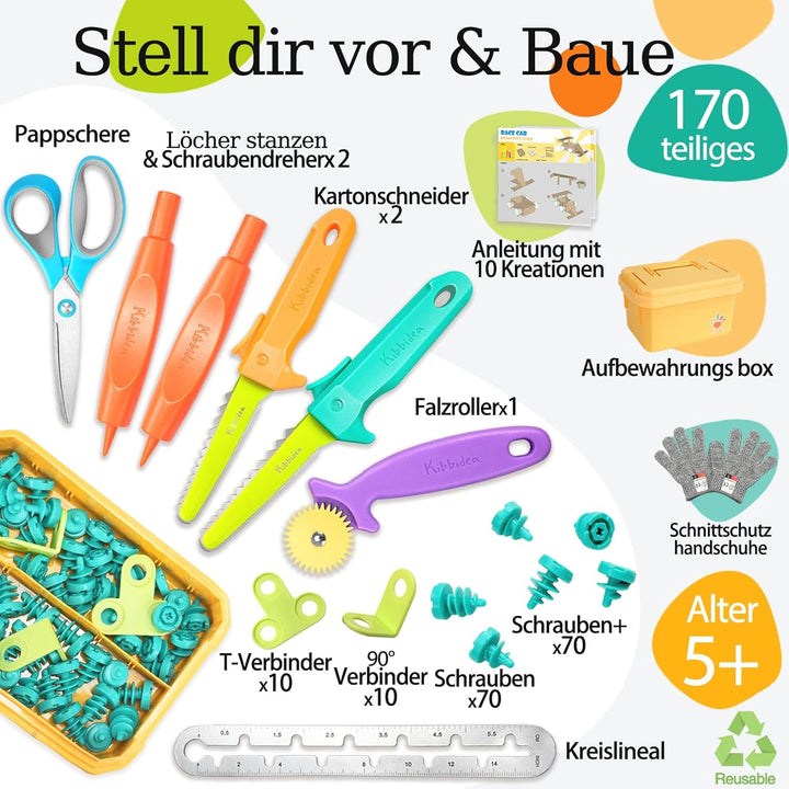 Kibbidea Karton-Baukasten für Kinder (170 Teile), Werkzeugkasten aus recycelter Pappe, Kreatives STE