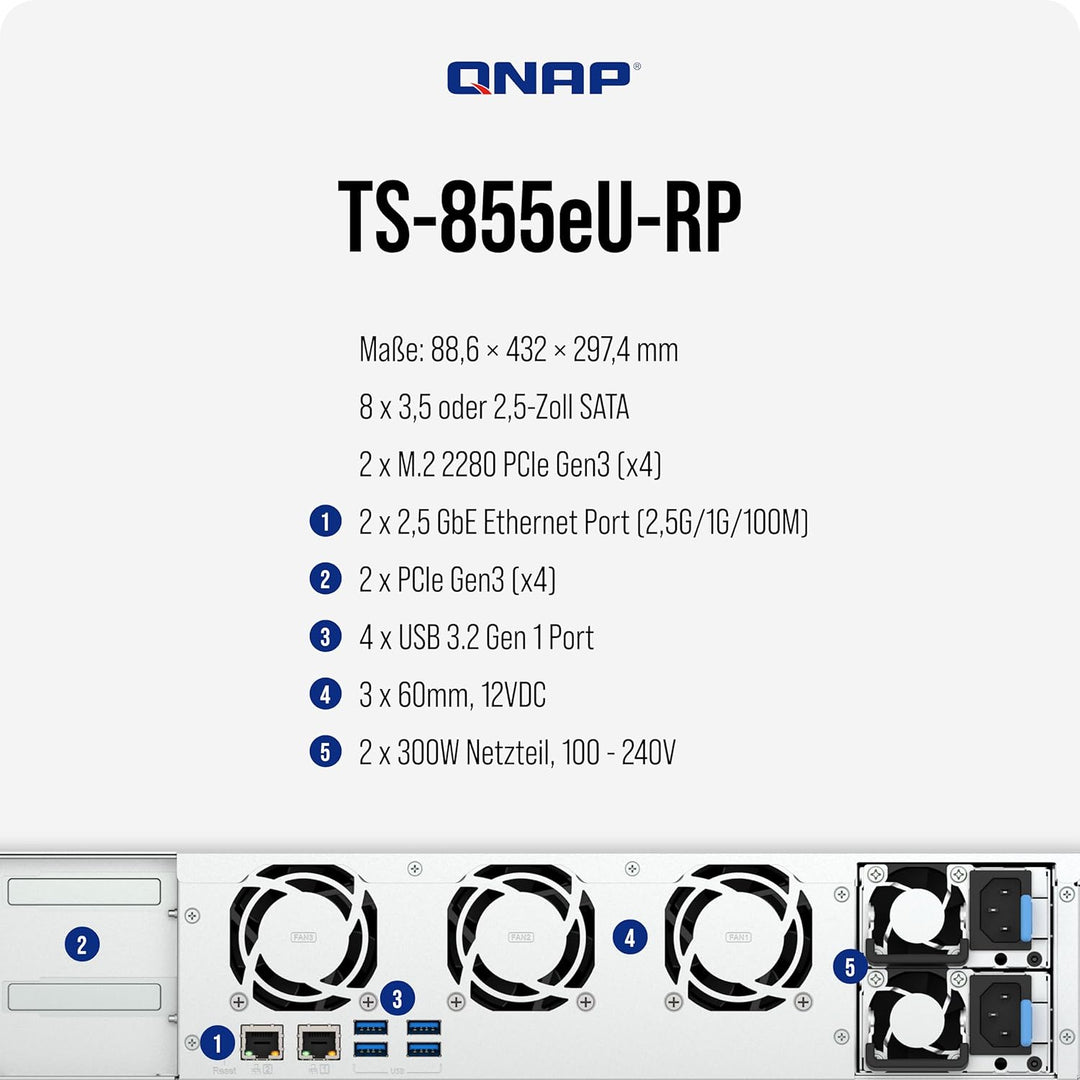 QNAP NAS TS-855eU-RP-8G 8bay 2HE (2U Rackmount NAS mit kurzer Einbautiefe und 8-Core Rechenleistung