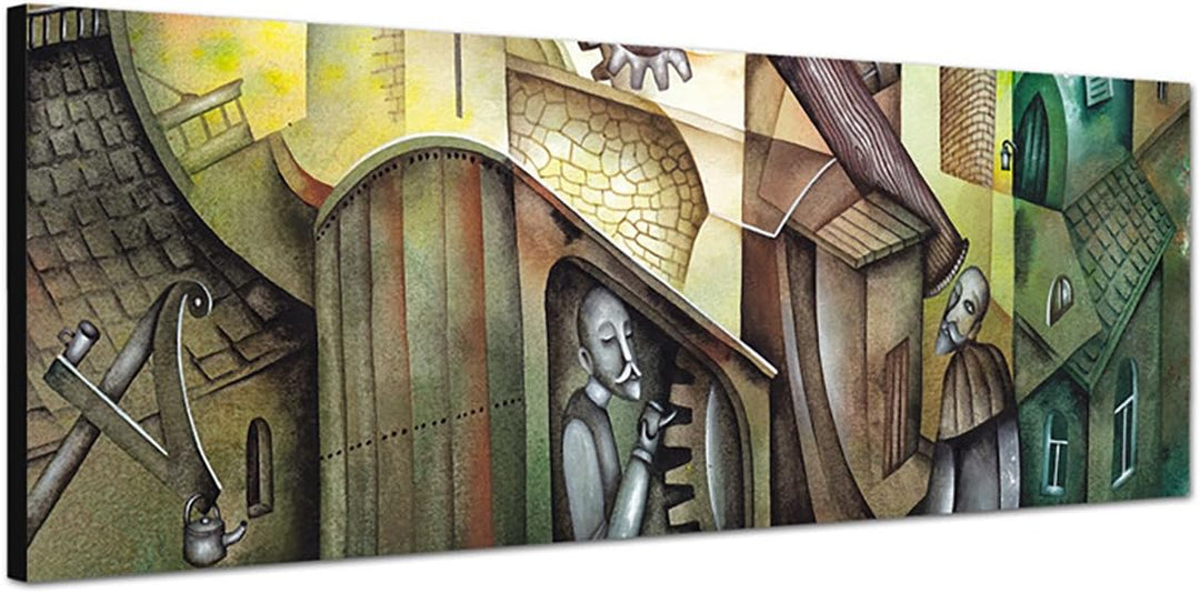 Paul Sinus Art Panoramabild auf Leinwand und Keilrahmen 150x50cm Gemälde Vintage abstrakt Häuser Fig
