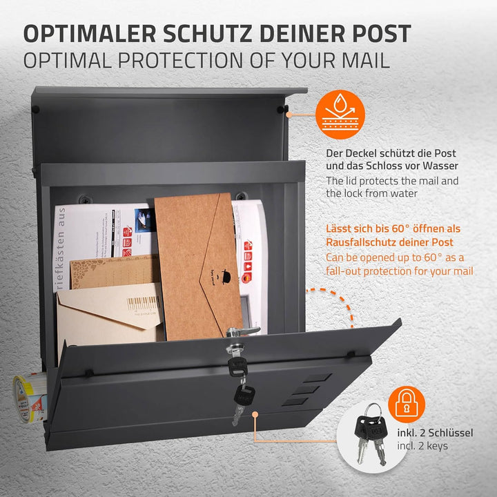 ECD Germany Briefkasten in Anthrazit mit Zeitungsfach, Schloss und 2 Schlüsseln, inkl. Montagemateri