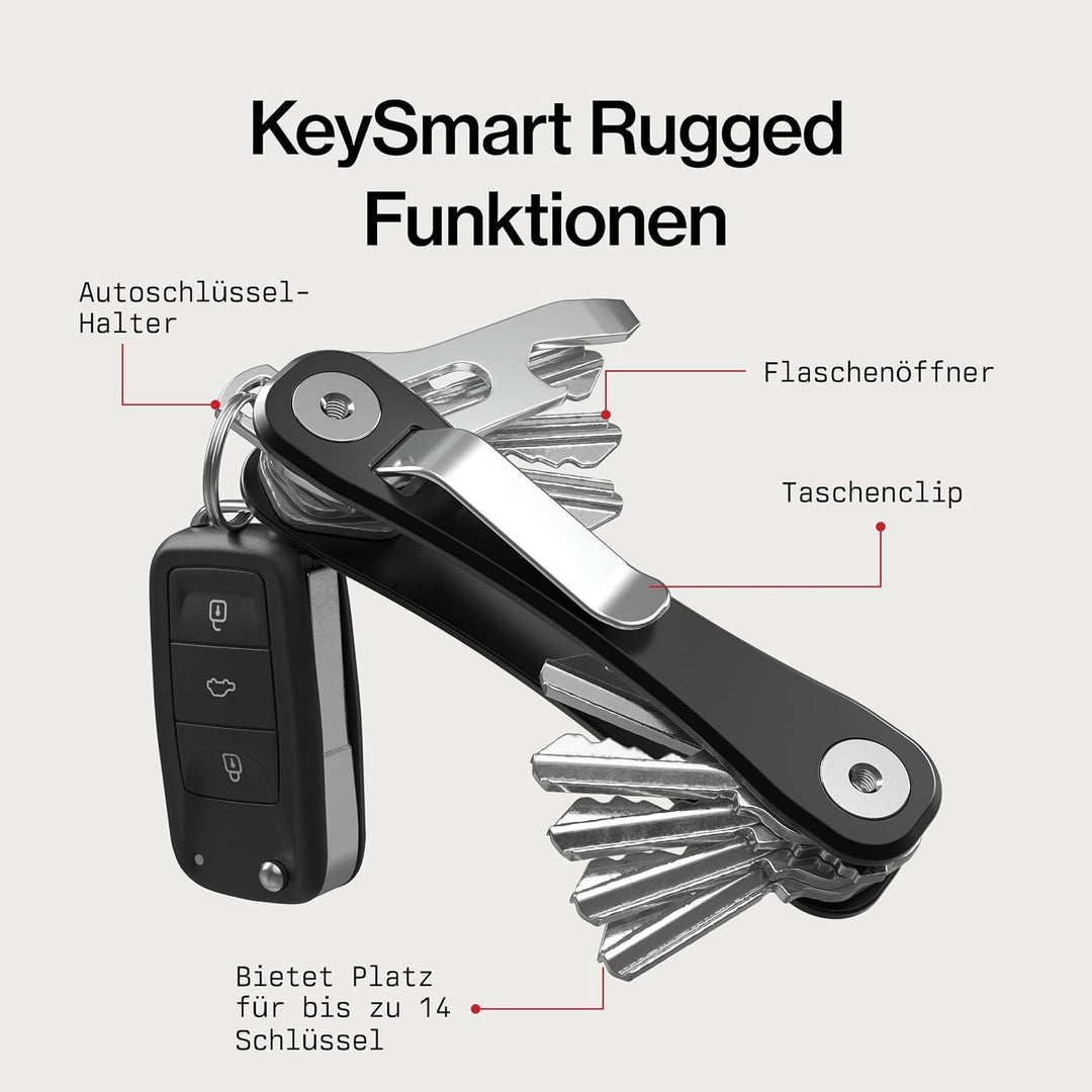 KeySmart Rugged - Multi-Tool Schlüsselhalter mit dem Flaschenöffner und Taschen Clip (bis zu 14 Schl