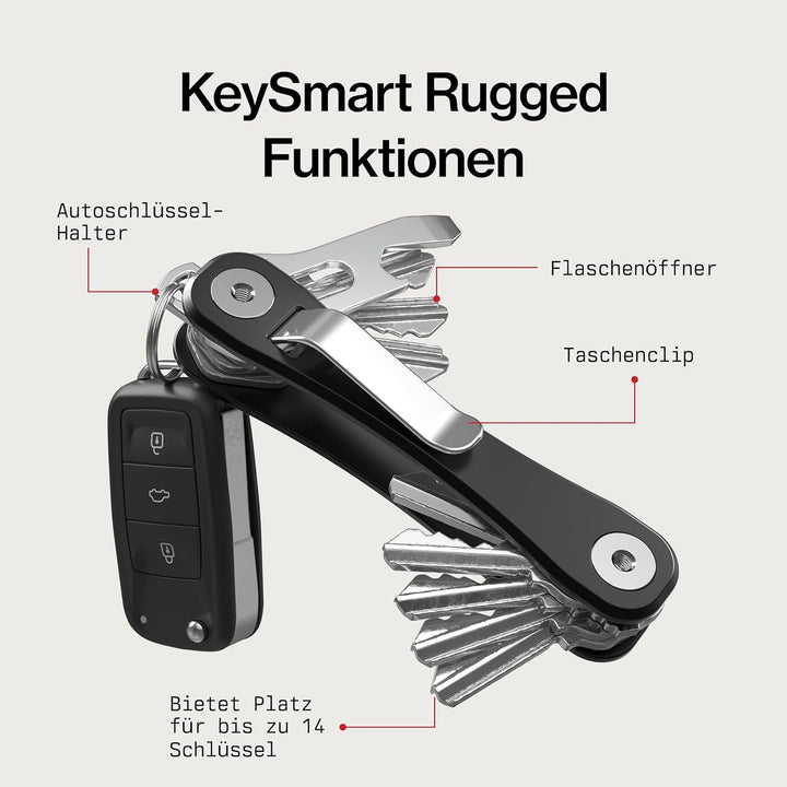 KeySmart Rugged - Multi-Tool Schlüsselhalter mit dem Flaschenöffner und Taschen Clip (bis zu 14 Schl