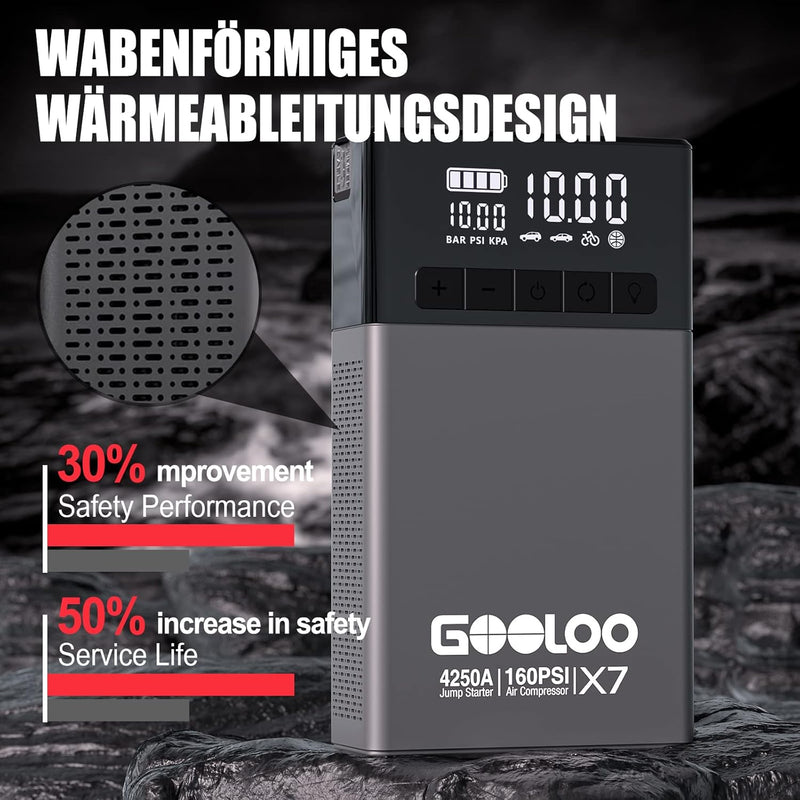 GOOLOO X7 4250A Starthilfe Powerbank mit Kompressor,Starthilfe mit Digitalem Reifenfüller 160 PSI, 1