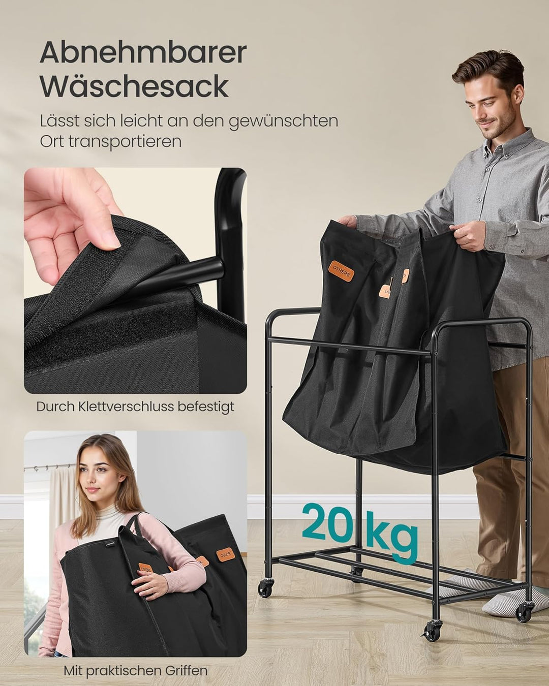SONGMICS Wäschekorb mit Rollen, Wäschesammler 4 Fächer, 200 L Wäschesortierer, beweglicher Wäschewag