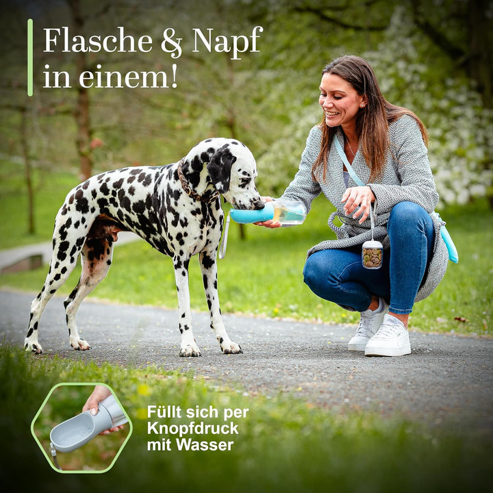 Hundetrinkflasche 300ml – 3-in-1 Trinkflasche mit Napf & Rücklauffunktion – 100% auslaufsicher, BPA-