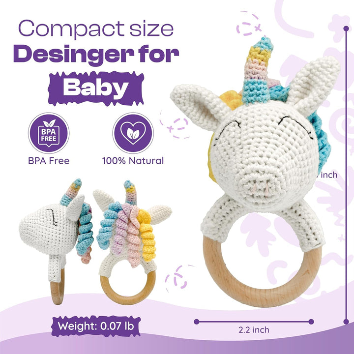 Beissring Baby Einhorn gehäkelt aus Holz – Handgemachte Rassel – Montessori Greifling – Geschenk zur