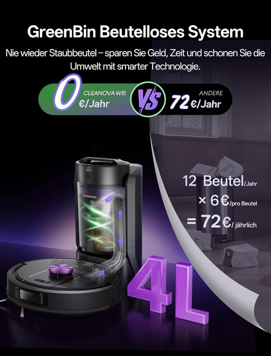 Vexilar W15 Saugroboter mit Wischfunktion und beutelloser Multi-Zyklon-Absaugstation, 10000Pa, LiDAR