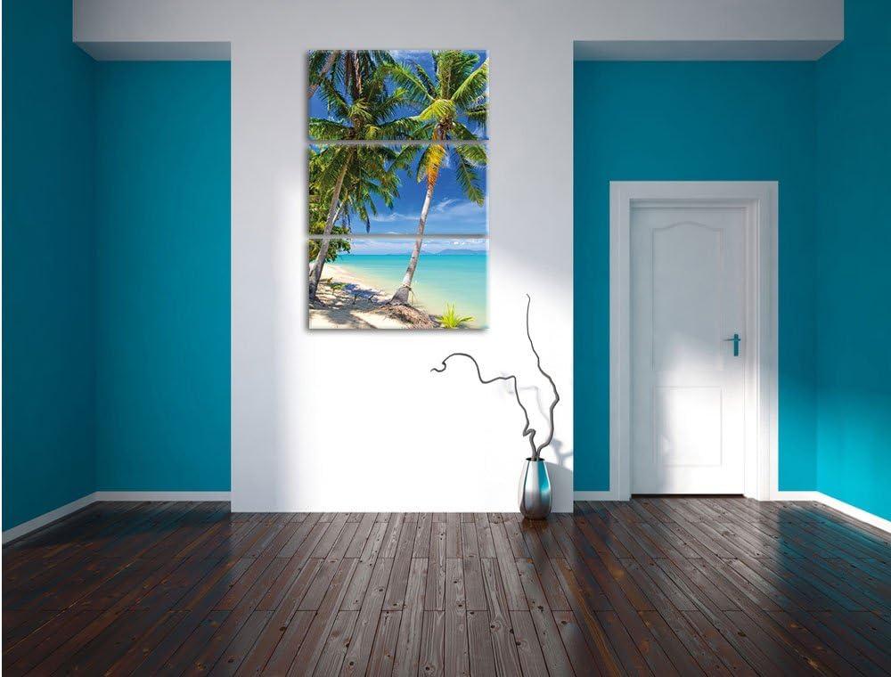 Pixxprint Palmen Traumstrand / 3-Teilig/Gesamtmass 120cm Leinwandbild bespannt auf Holzrahmen/Wandbi