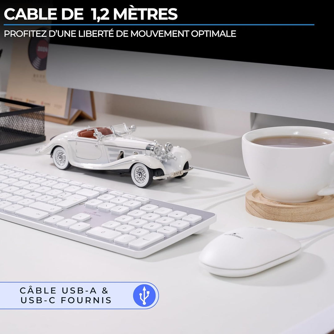 Bluestork - Pack Mac Tastatur und Maus für Mac Weiss USB-C & USB-A, AZERTY