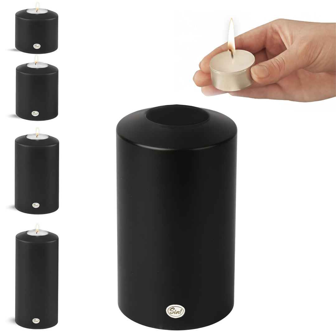 Sin!® 1x Teelichthalter & Dauerkerze Classic SCHWARZ ∅ 8cm Höhe 12cm - Kunststoff-Kerze inkl. Maxi-T