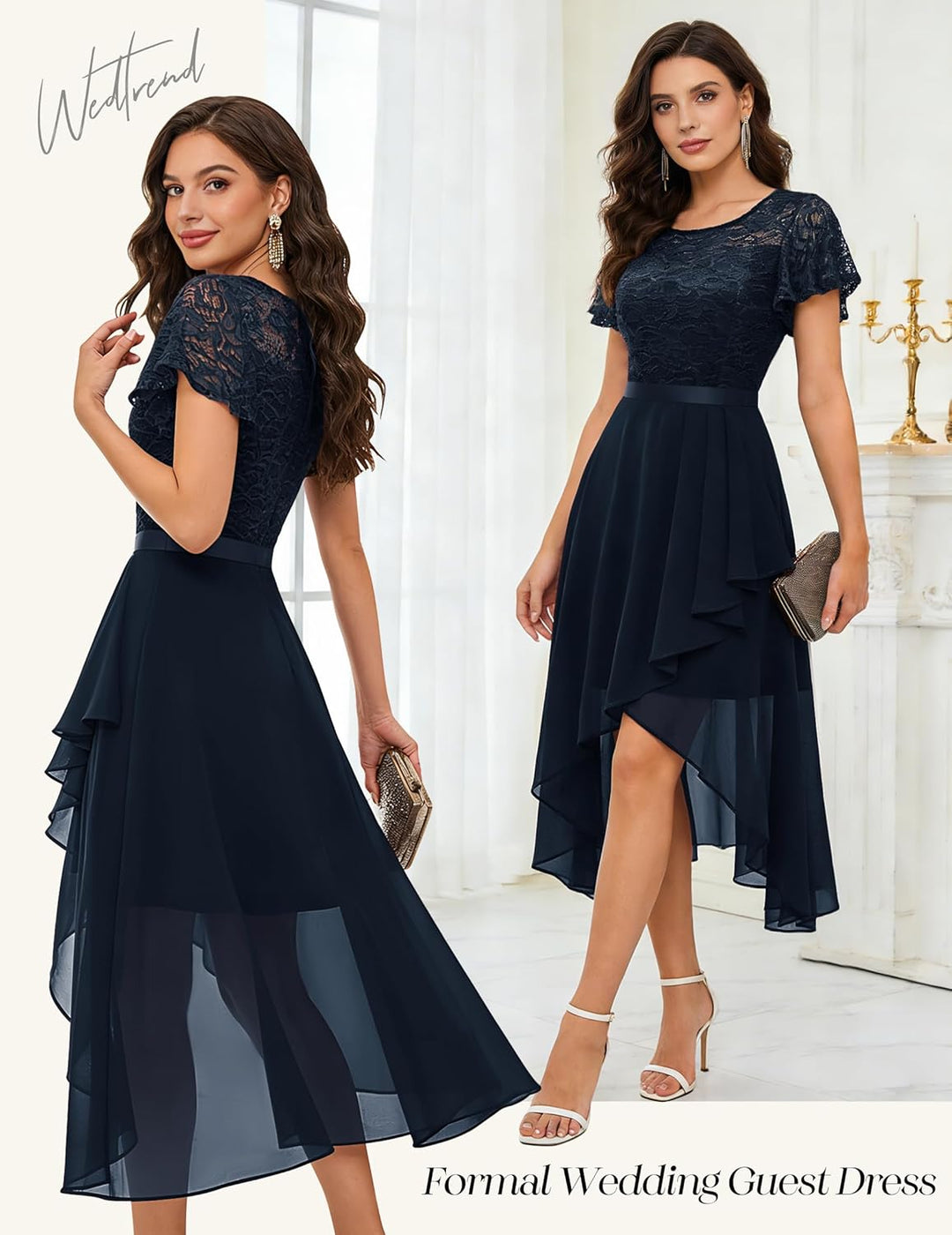 Wedtrend Abendkleid Damen Elegant Cocktailkleid High Low Ballkleider mit Spitzen A Linie für Hochzei