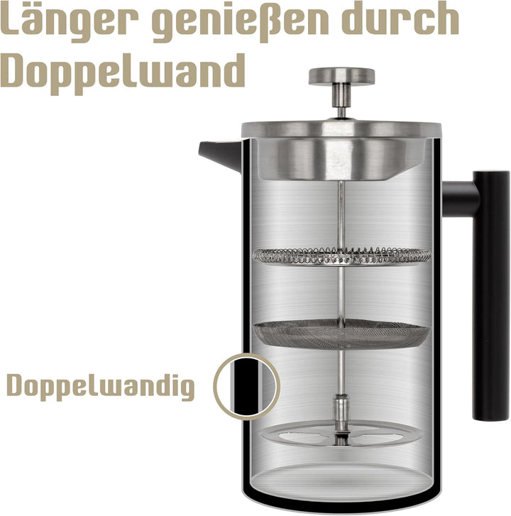 French Press Set I Kaffeebereiter, Thermo, Kaffeepresse, für Filterkaffee, 1 Liter, Milchaufschäumer