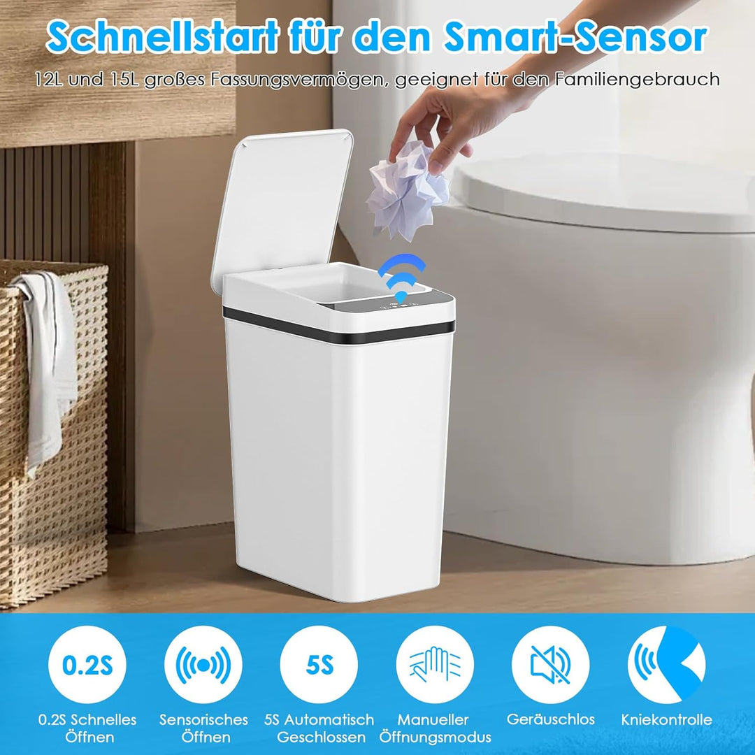 Dreamhigh® 2er Set Mülleimer Mit Sensor, 15L & 12L Elektrischer Mülleimer Mit Automatischem Deckel,