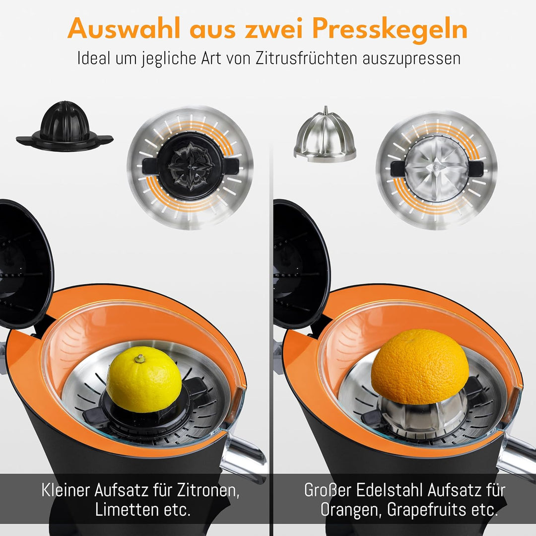 LEBENLANG Orangenpresse elektrische Edelstahl 600W - Inkl. Edelstahlkegel & BPA-Frei I Hohe Saftausb