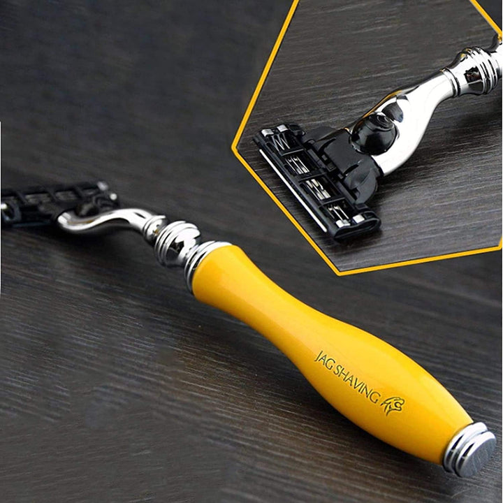 Jag Shaving Yellow Herren Rasierset 3 Edge Rasiermesser, Rasierpinsel, Rasierständer und Rasierschal