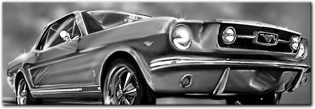 Bilderdepot24 Bild auf Leinwand | Mustang Graphic - schwarz weiss I in 120x40 cm als Panorama Wandbi