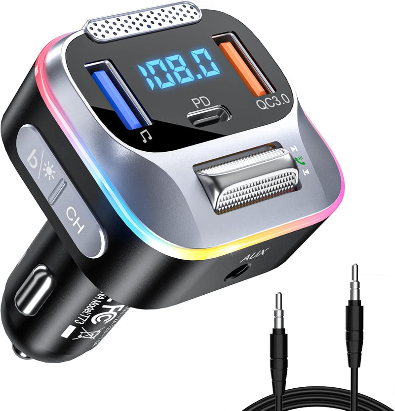 LENCENT Bluetooth 5,0 Auto FM Transmitter, PD+QC3,0 Autoladegerät, AUX Bluetooth Radio Adapter, Gros