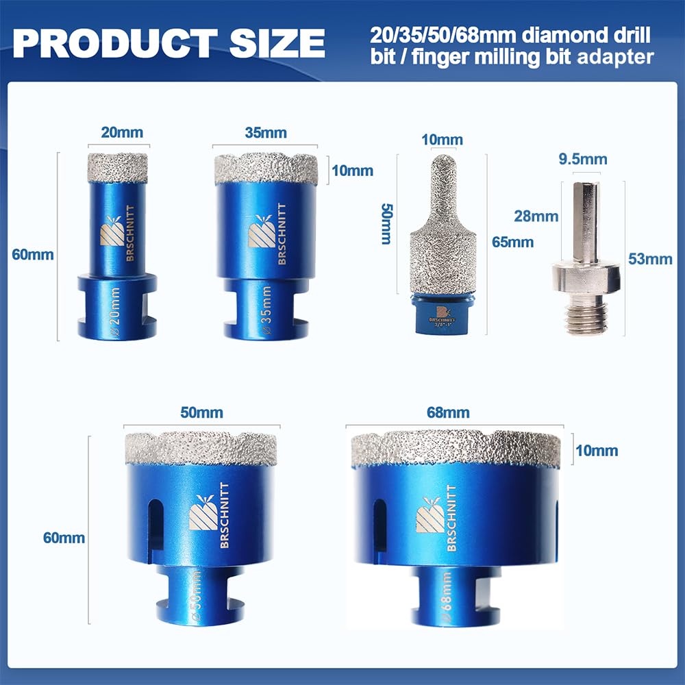 Diamantbohrer Fliesenbohrer Set -20/35/50/68mm Diamantbohrer &10-25mm Diamant Fingerfräser ein Adapt