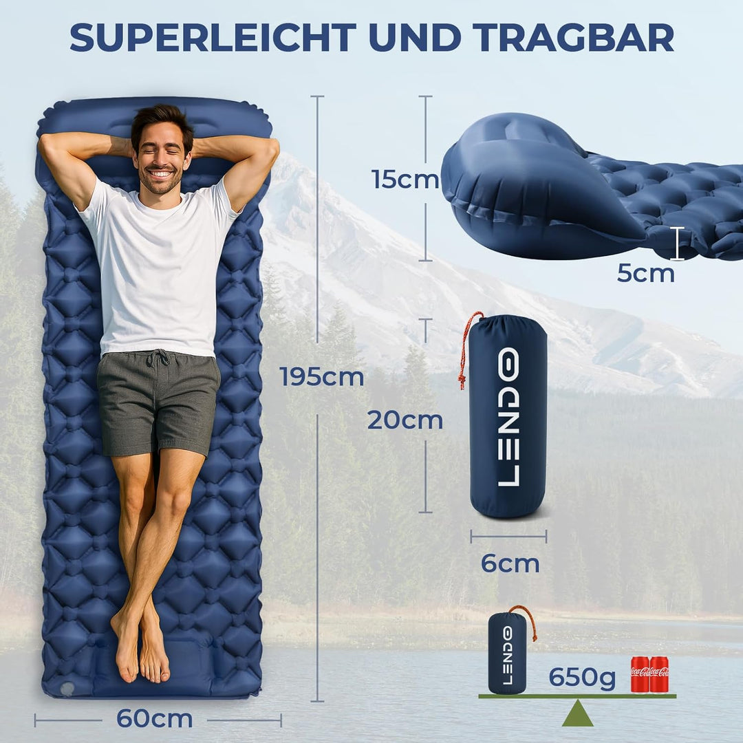 LENDOO Ultraleichte Aufblasbare Isomatte, 195cm*60cm Isomatte Selbstaufblasend Mit Aufblasbarem Kiss