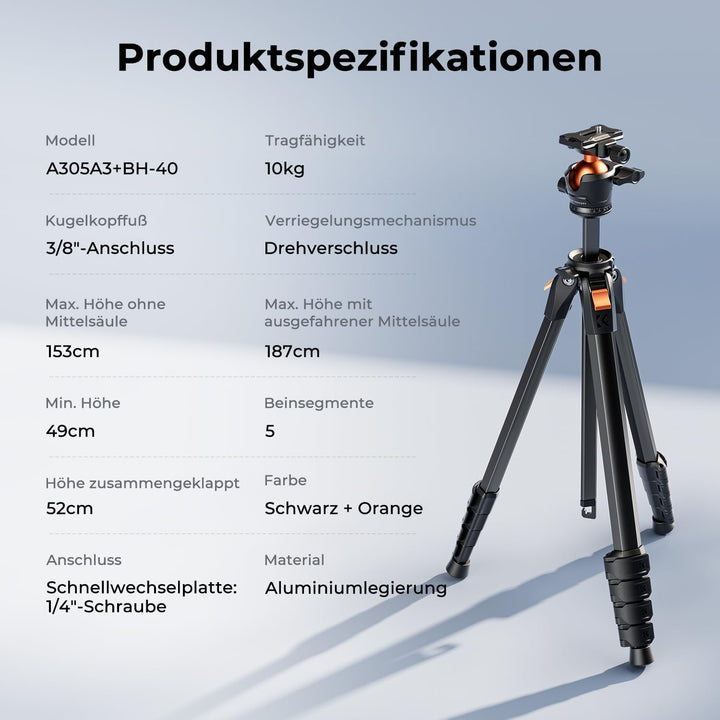 K&F CONCEPT Kamera Stativ Handy Stativ,187cm Kamerastativ, Tripod für Smartphone mit Handy Tablet Ha